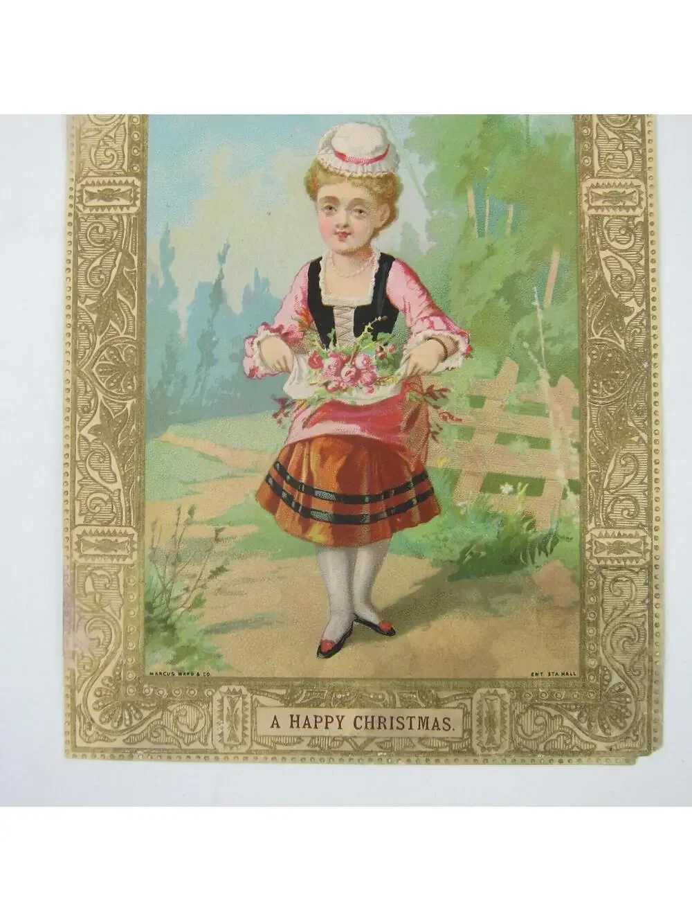 Victorian Christmas Card Girl Holds Pink Flowers Poem Embossed Marcus Ward & Co